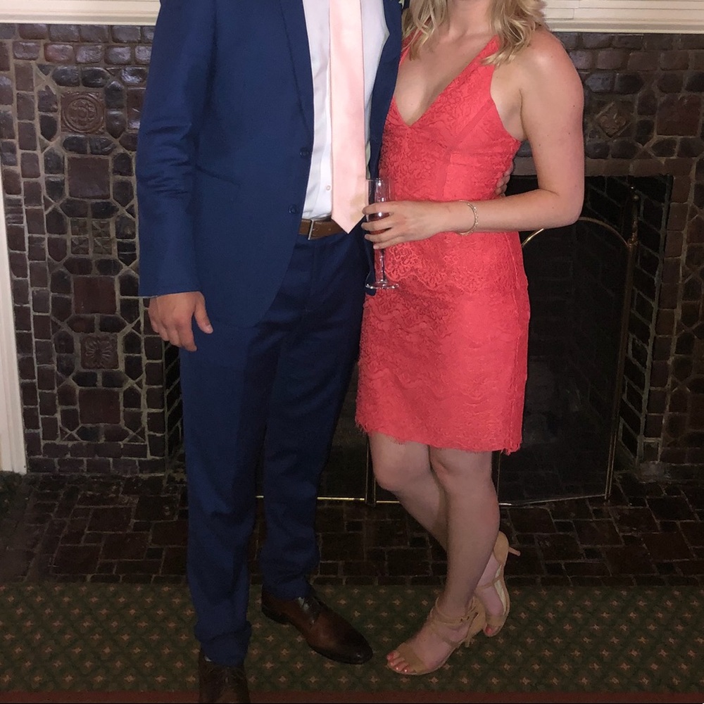 Coral Lace Mini Dress with Peplum Skirt